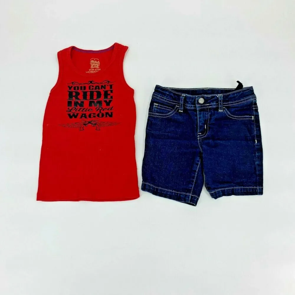 Faded Glory Tank Jean Shorts Outfit Ribbed Can’t Ride In My Wagon Sz 6-6X